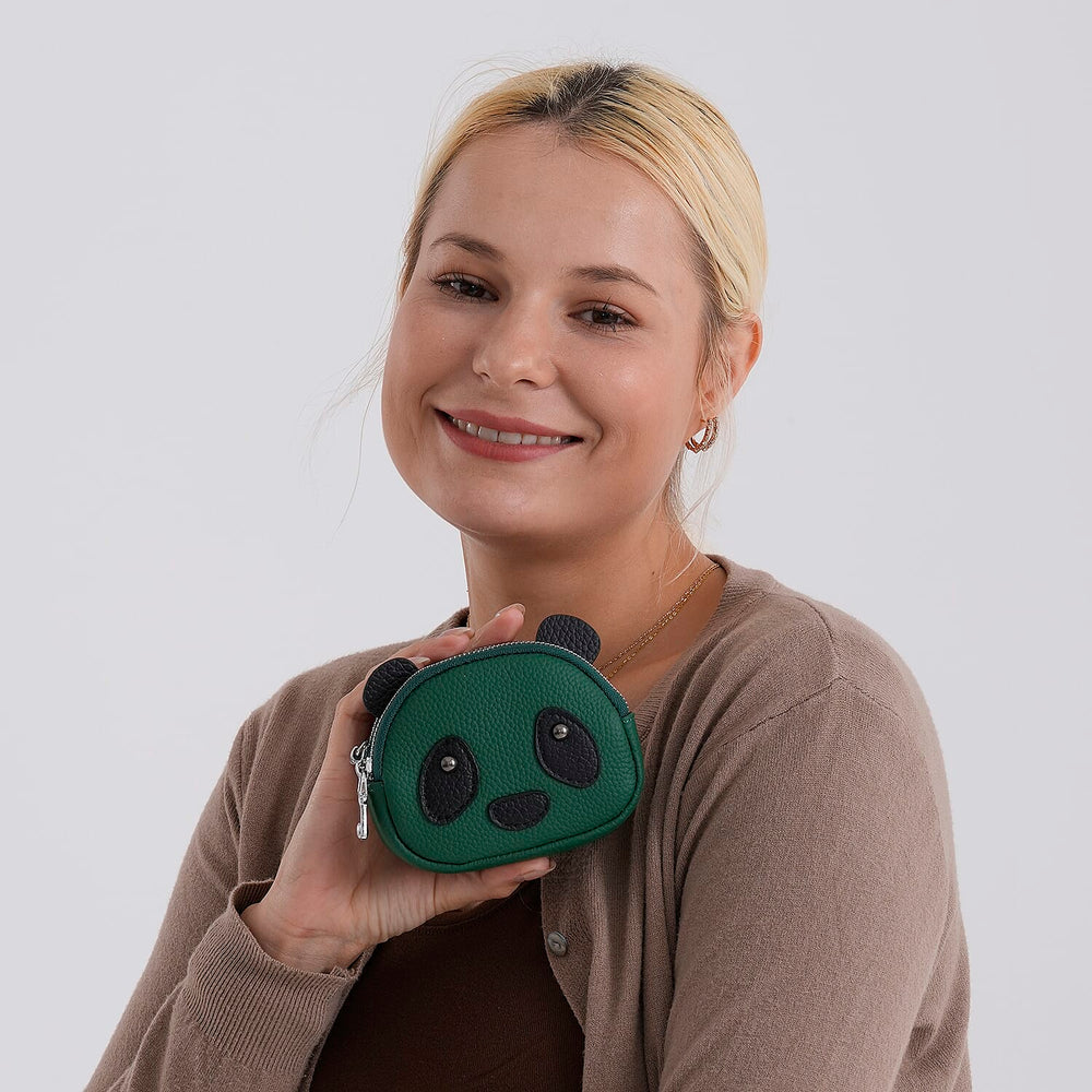 Genuine Leather Panda Print Pattern Wallet with Dual Zip (Size 12x4x10 cm) - Teal