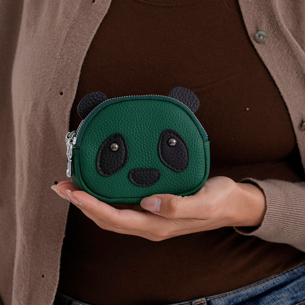Genuine Leather Panda Print Pattern Wallet with Dual Zip (Size 12x4x10 cm) - Teal