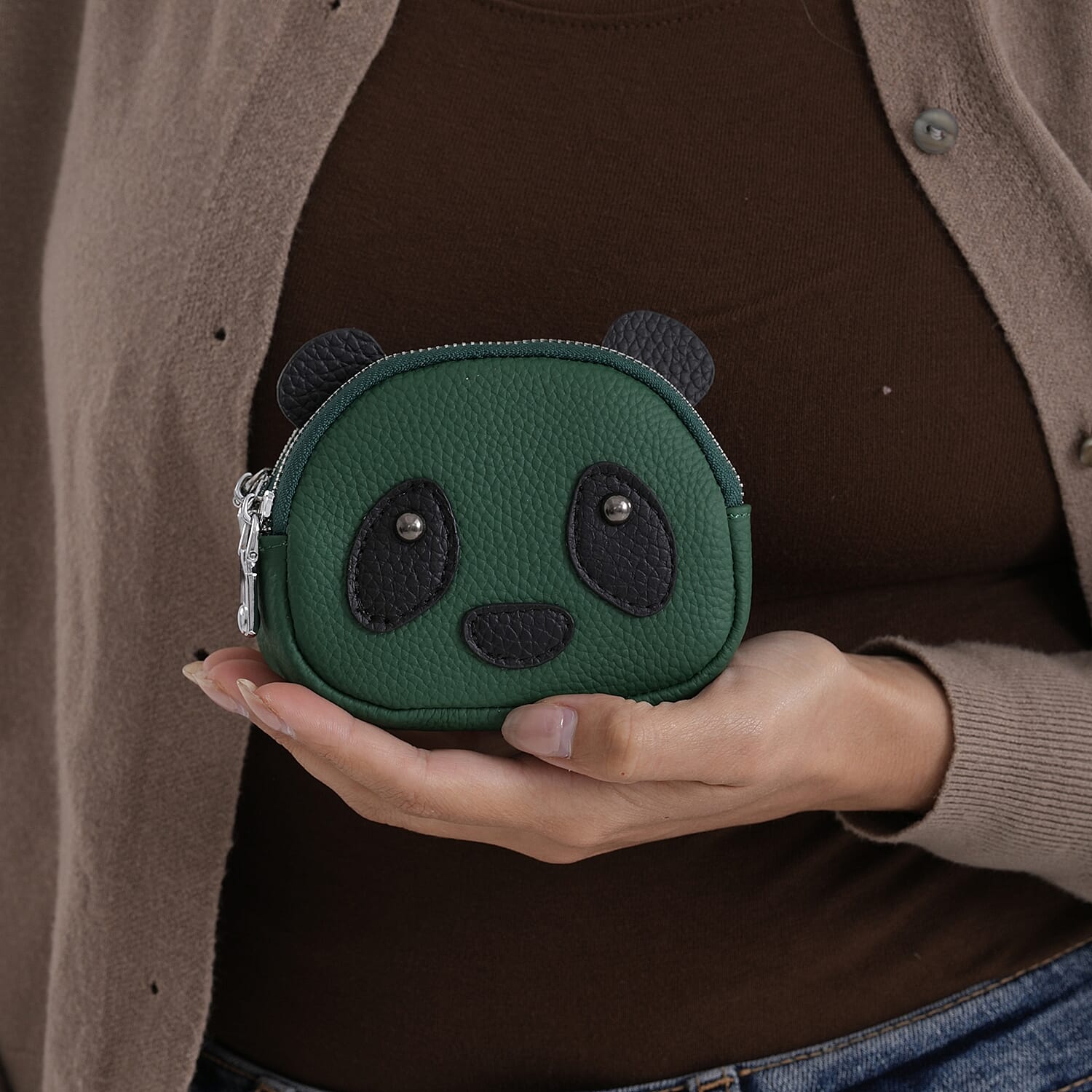 Genuine Leather Panda Print Pattern Wallet with Dual Zip (Size 12x4x10 cm) - Teal