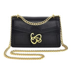 Designer Closeout Genuine Leather Pleated Pattern Crossbody bag with Long Shoulder Chain Strap (120 cm) - Black
