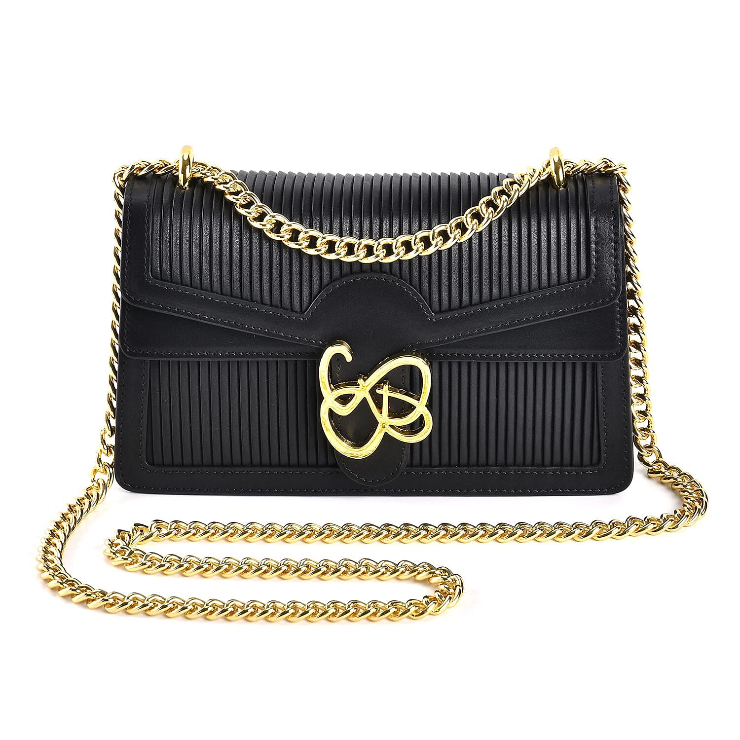 Designer Closeout Genuine Leather Pleated Pattern Crossbody bag with Long Shoulder Chain Strap (120 cm) - Black