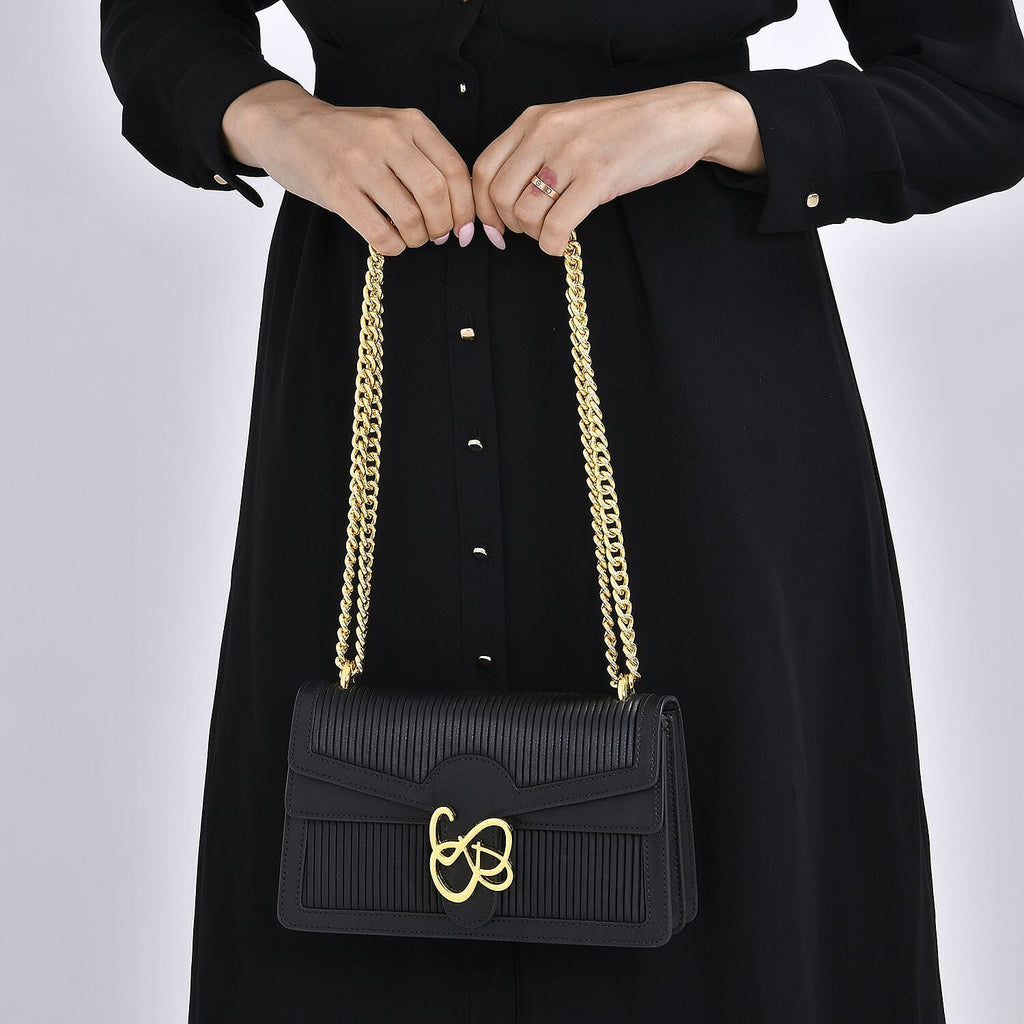 Designer Closeout Genuine Leather Pleated Pattern Crossbody bag with Long Shoulder Chain Strap (120 cm) - Black