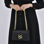 Designer Closeout Genuine Leather Pleated Pattern Crossbody bag with Long Shoulder Chain Strap (120 cm) - Black