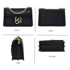 Designer Closeout Genuine Leather Pleated Pattern Crossbody bag with Long Shoulder Chain Strap (120 cm) - Black