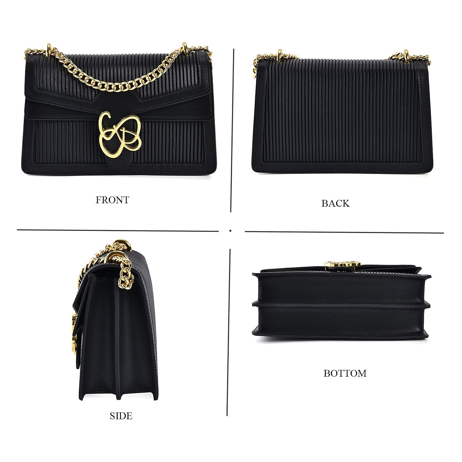 Designer Closeout Genuine Leather Pleated Pattern Crossbody bag with Long Shoulder Chain Strap (120 cm) - Black