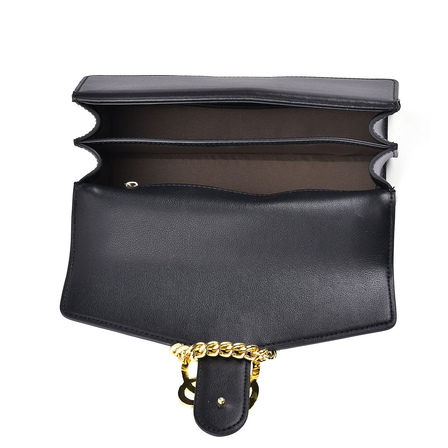 Designer Closeout Genuine Leather Pleated Pattern Crossbody bag with Long Shoulder Chain Strap (120 cm) - Black