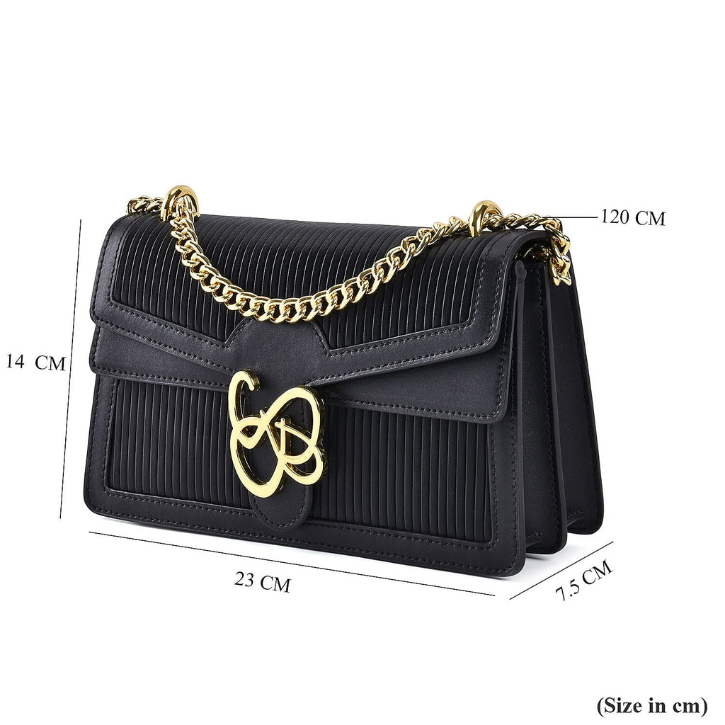 Designer Closeout Genuine Leather Pleated Pattern Crossbody bag with Long Shoulder Chain Strap (120 cm) - Black