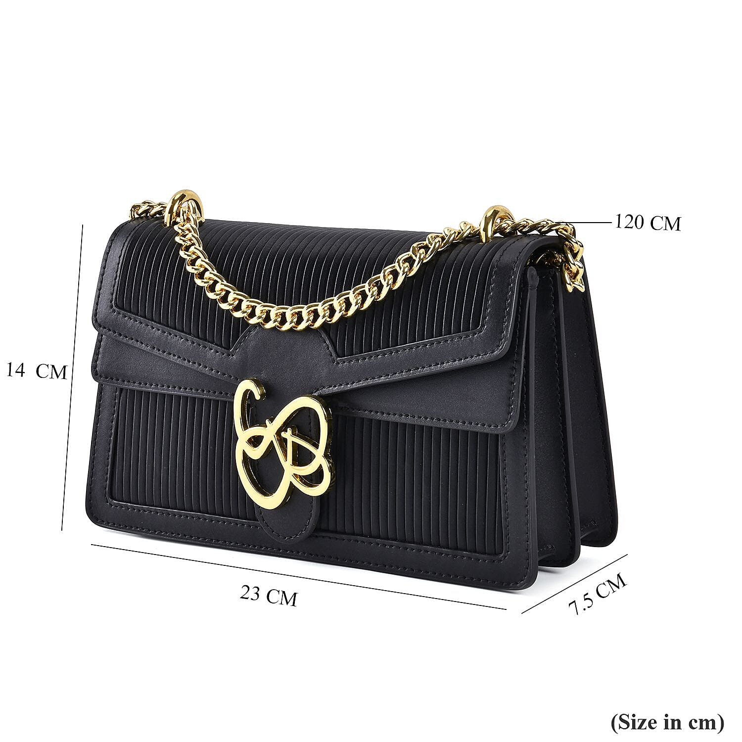 Designer Closeout Genuine Leather Pleated Pattern Crossbody bag with Long Shoulder Chain Strap (120 cm) - Black