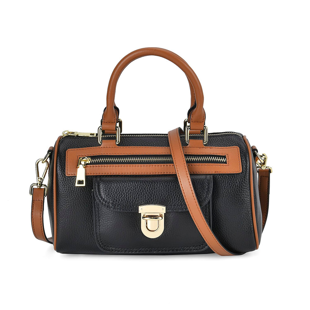 Designer Inspired 100% Genuine Leather Crossbody Duffle Bag - Black