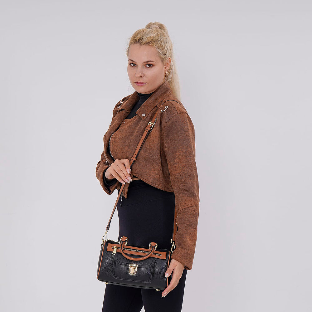 Designer Inspired 100% Genuine Leather Crossbody Duffle Bag - Black