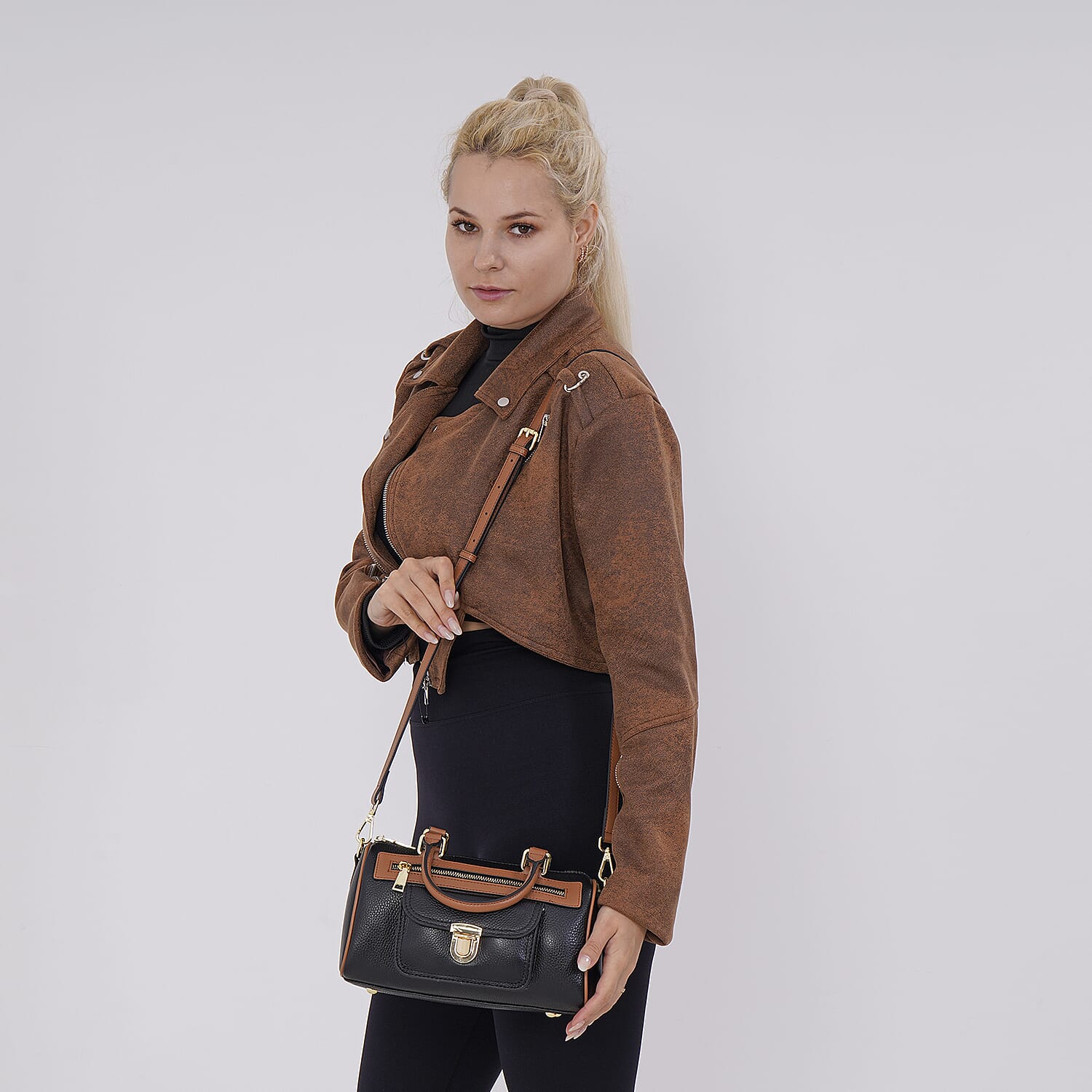 Designer Inspired 100% Genuine Leather Crossbody Duffle Bag - Black