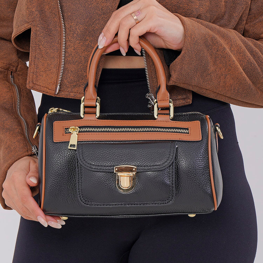 Designer Inspired 100% Genuine Leather Crossbody Duffle Bag - Black