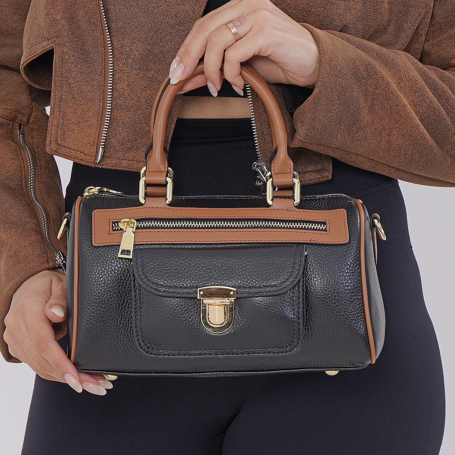 Designer Inspired 100% Genuine Leather Crossbody Duffle Bag - Black