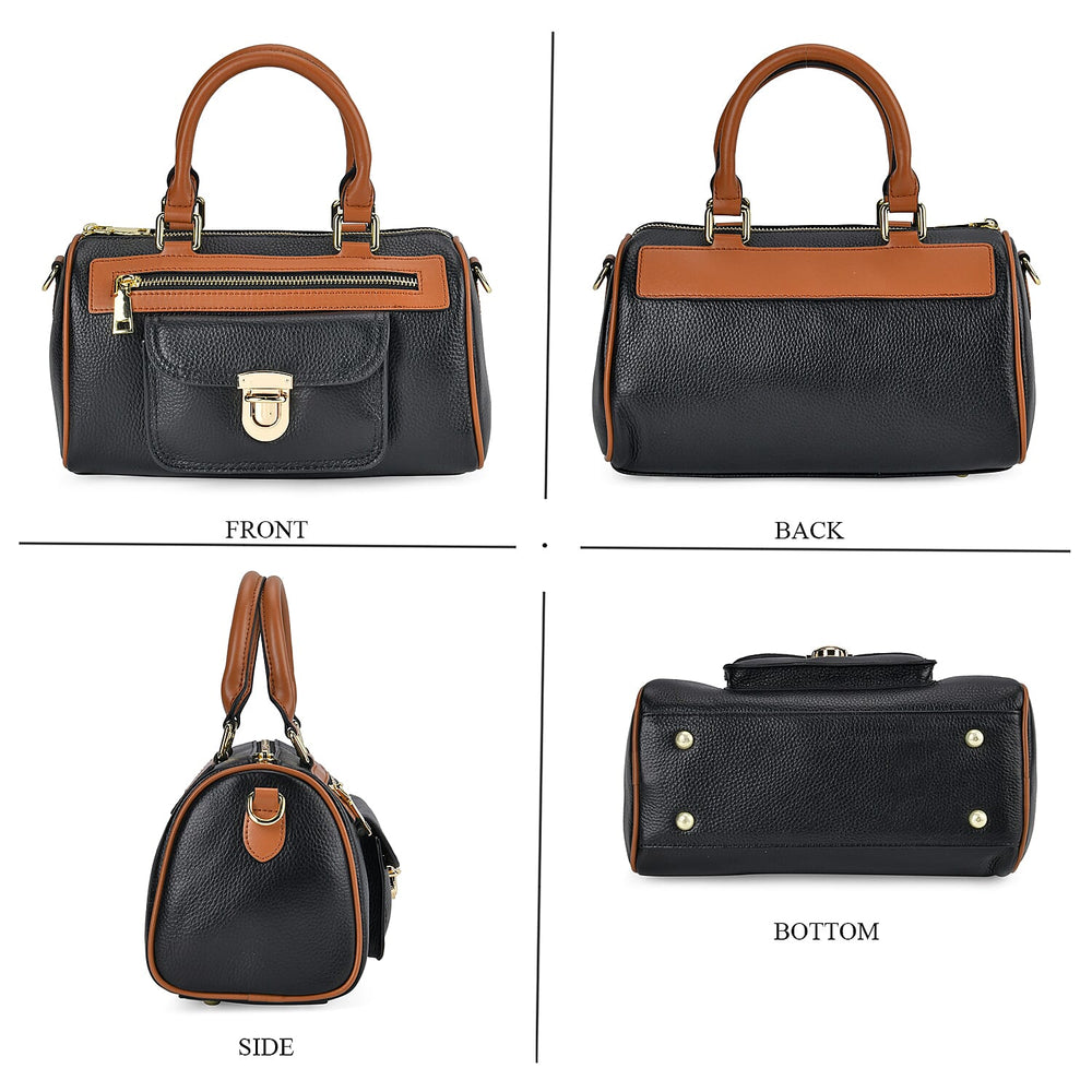 Designer Inspired 100% Genuine Leather Crossbody Duffle Bag - Black
