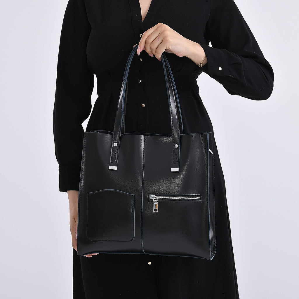 Sumptuous quality 100% Genuine Leather LARGE Tote Bag with Shoulder Strap - Black