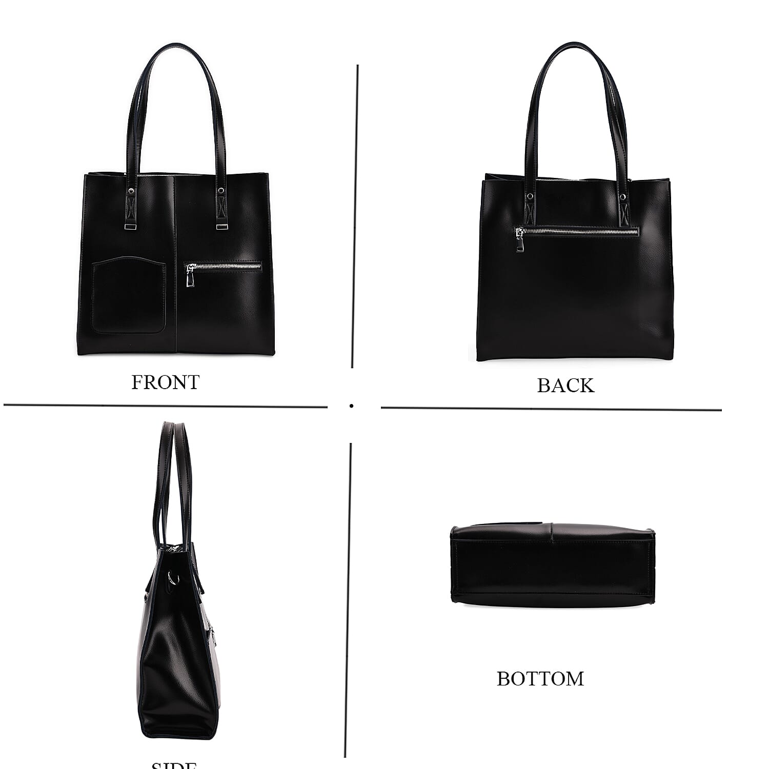 Sumptuous quality 100% Genuine Leather LARGE Tote Bag with Shoulder Strap - Black