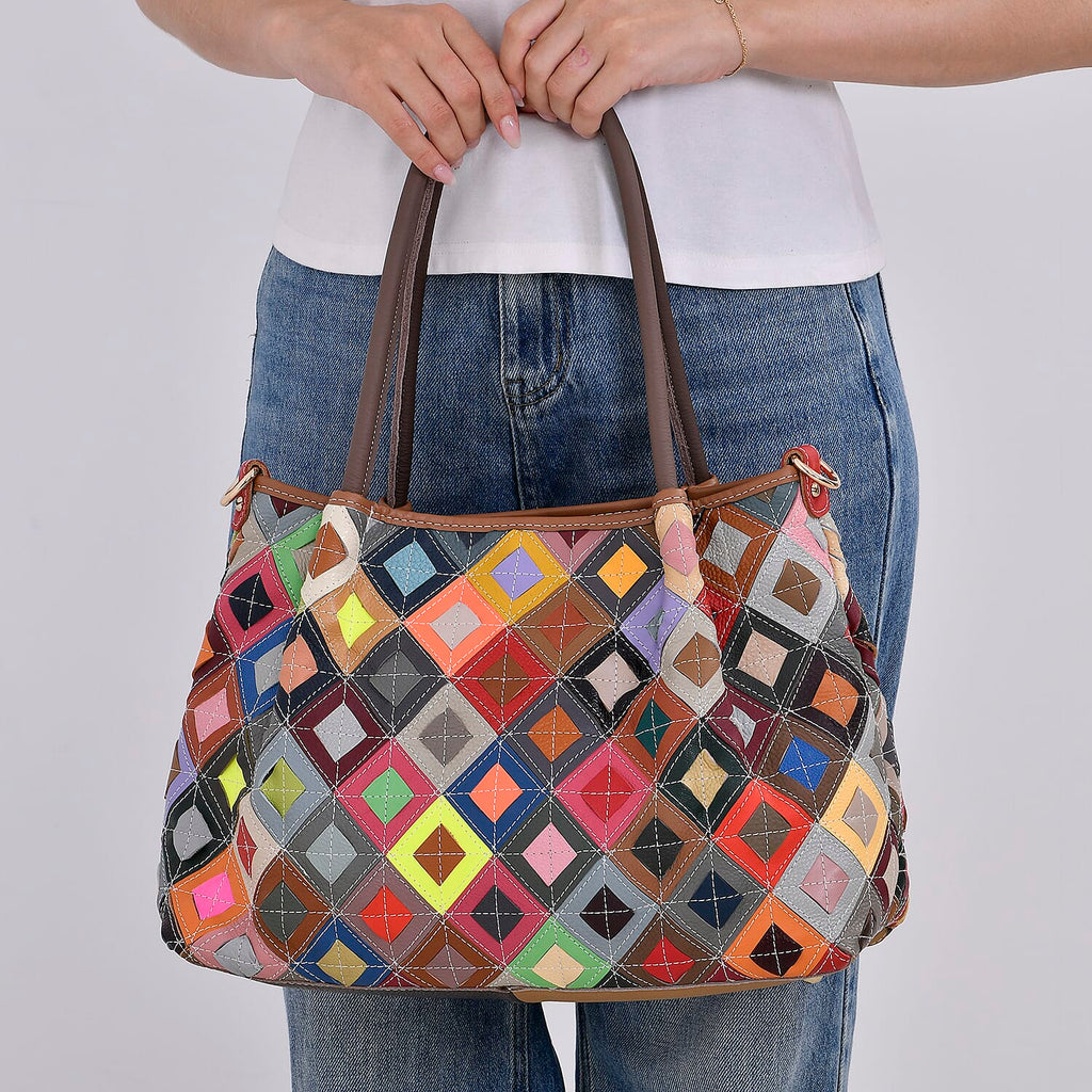 Colour Chaos Couture - Genuine Leather Diamond Tote Bag (Size 39x14x27 cm) - Multi Color & Multicolor