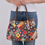 Colour Chaos Couture - Genuine Leather Diamond Tote Bag (Size 39x14x27 cm) - Multi Color & Multicolor