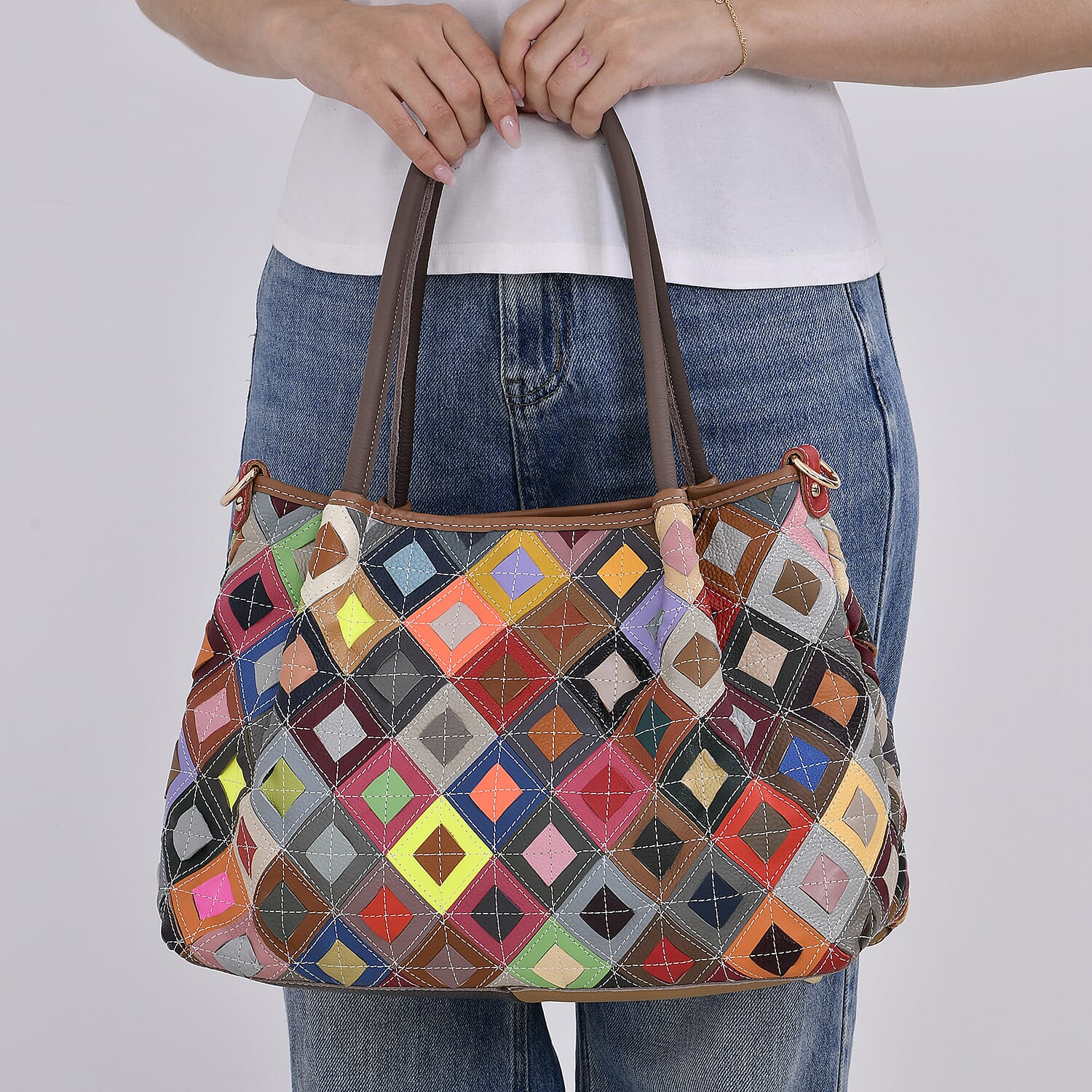 Colour Chaos Couture - Genuine Leather Diamond Tote Bag (Size 39x14x27 cm) - Multi Color & Multicolor