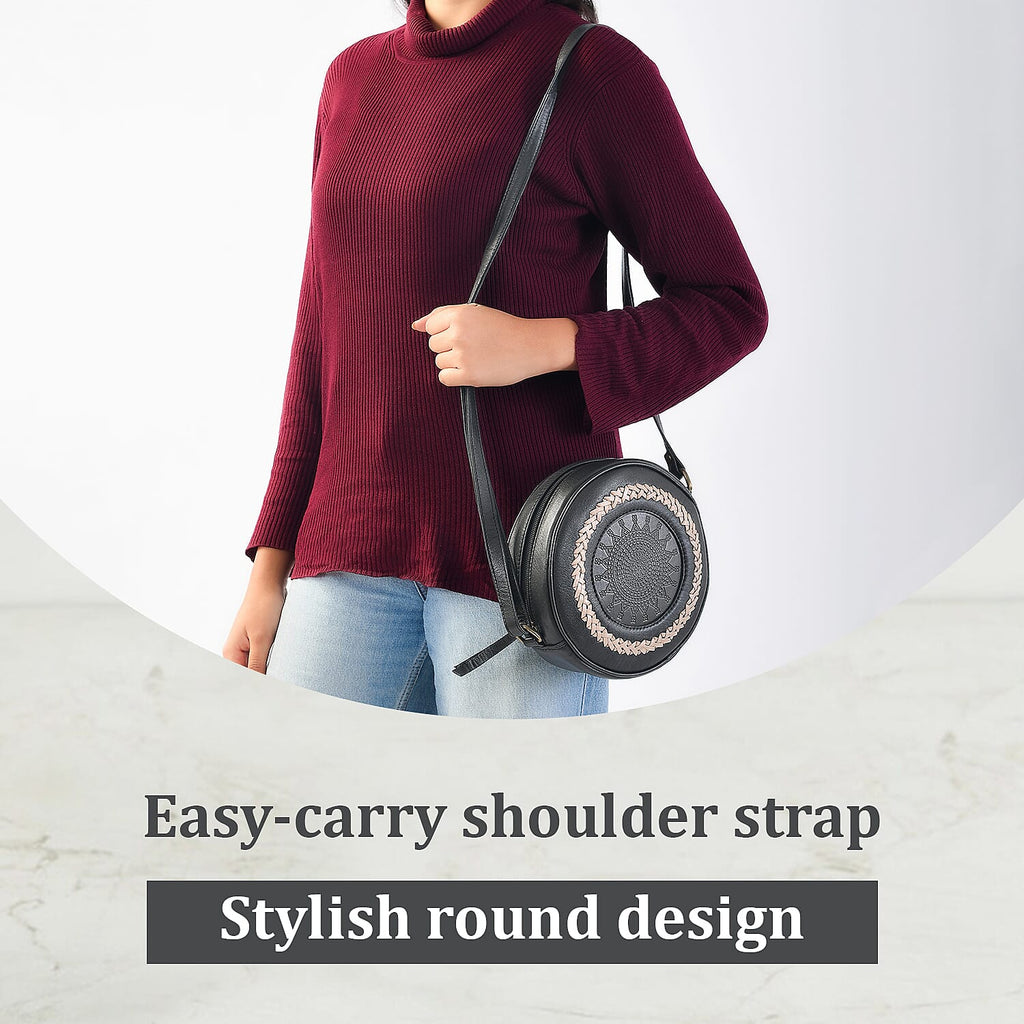 100% Genuine Leather Weaving Round Crossbody Bag - Black