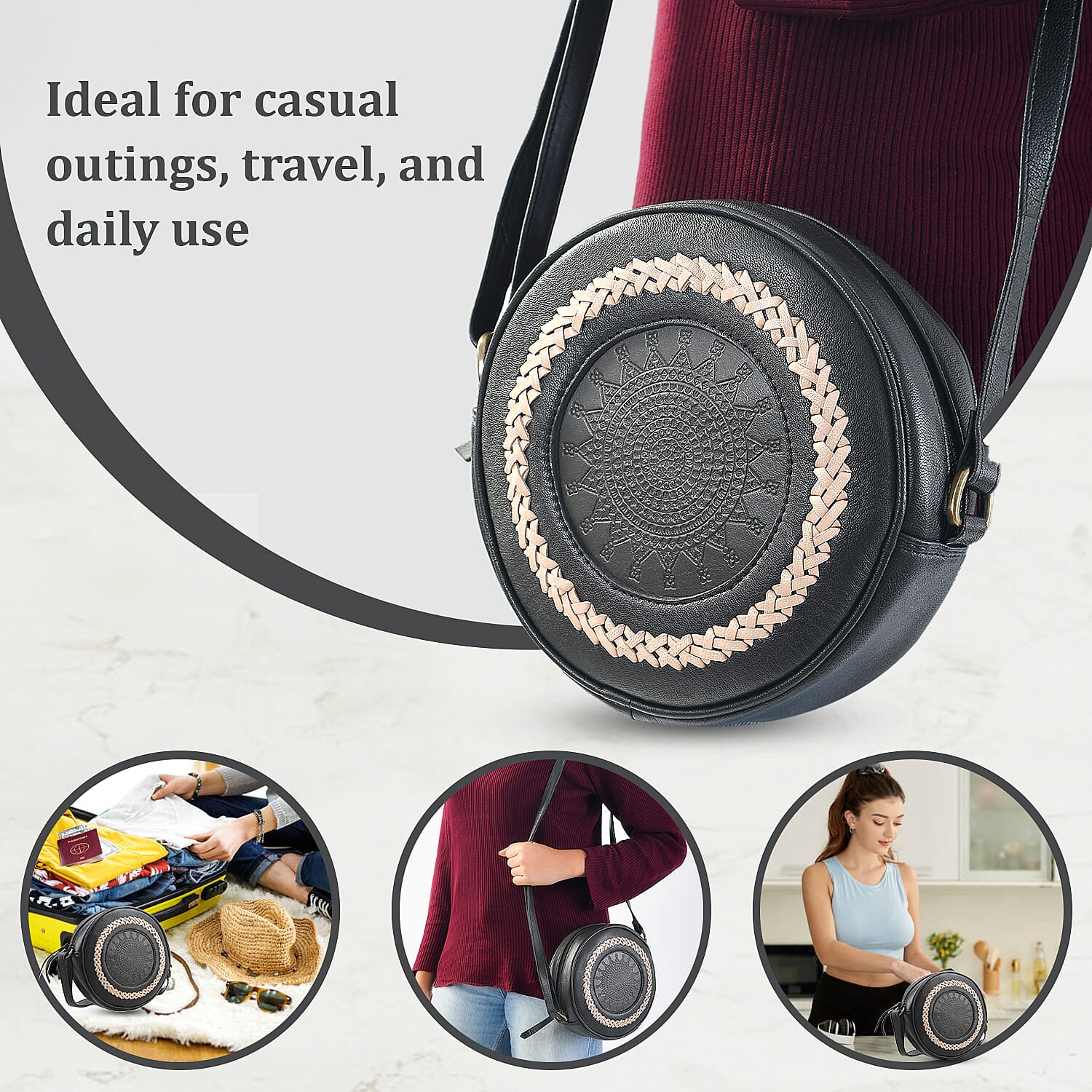 100% Genuine Leather Weaving Round Crossbody Bag - Black