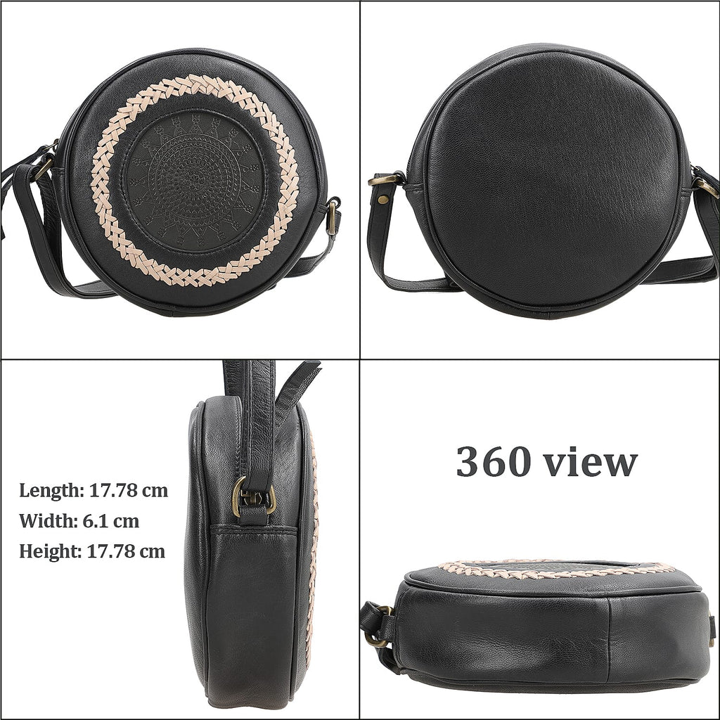 100% Genuine Leather Weaving Round Crossbody Bag - Black