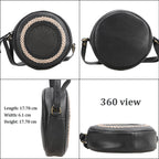 100% Genuine Leather Weaving Round Crossbody Bag - Black