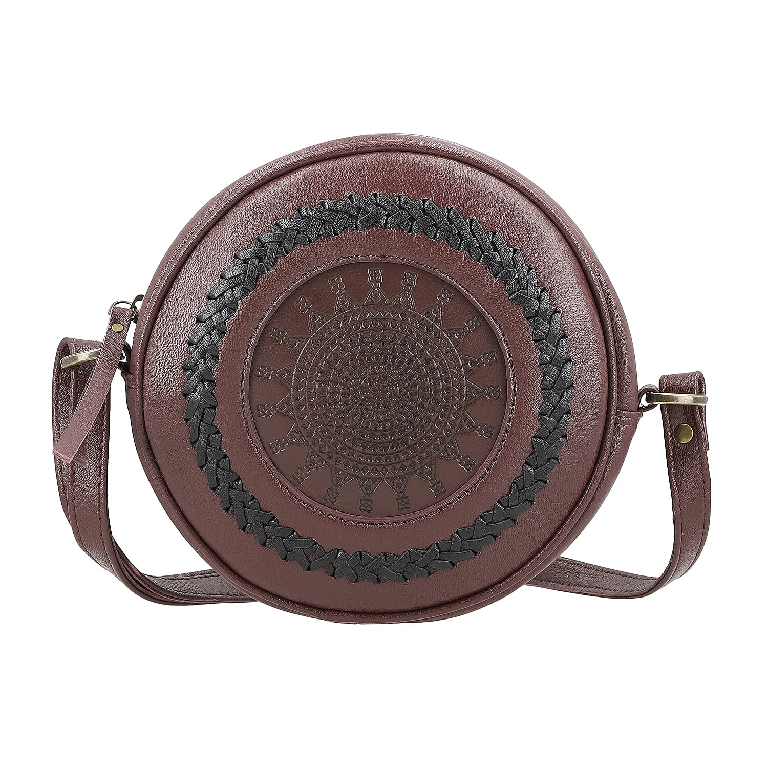 100% Genuine Leather Weaving Round Crossbody Bag - Burgundy
