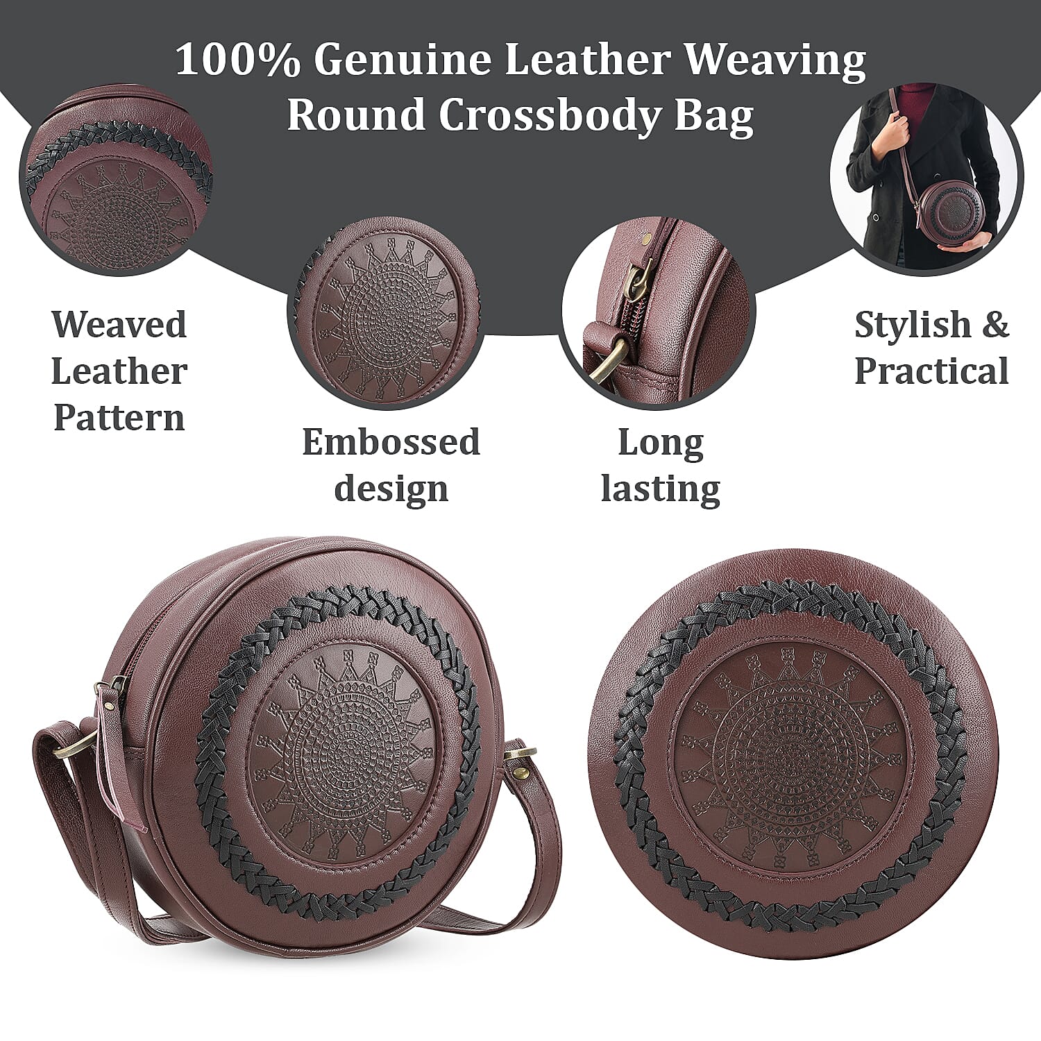 100% Genuine Leather Weaving Round Crossbody Bag - Burgundy
