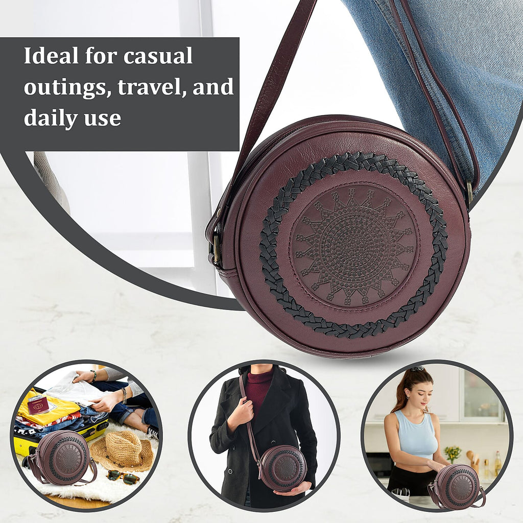 100% Genuine Leather Weaving Round Crossbody Bag - Burgundy