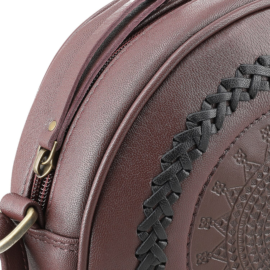 100% Genuine Leather Weaving Round Crossbody Bag - Burgundy