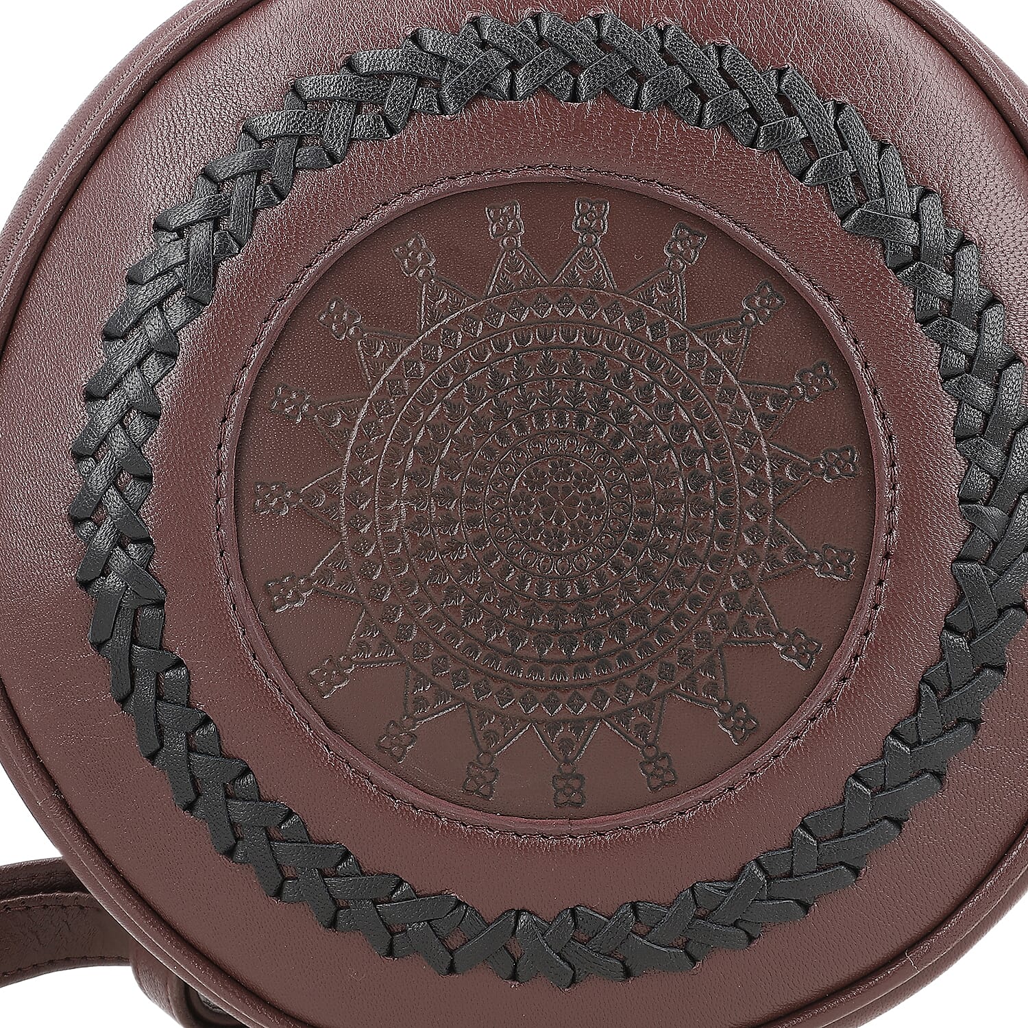100% Genuine Leather Weaving Round Crossbody Bag - Burgundy