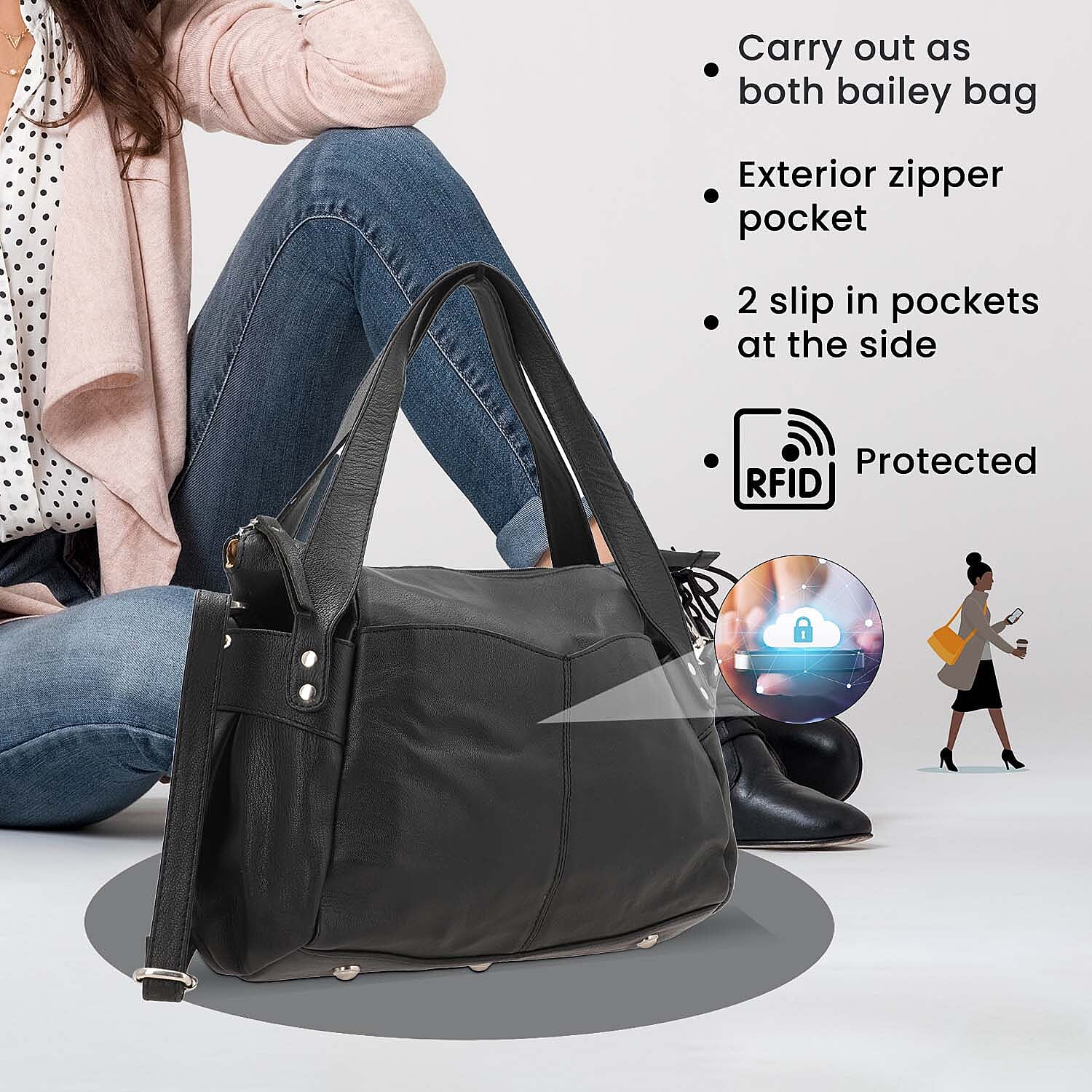 Leather Shoulder Bag (Size 17x11x3 ) - Black