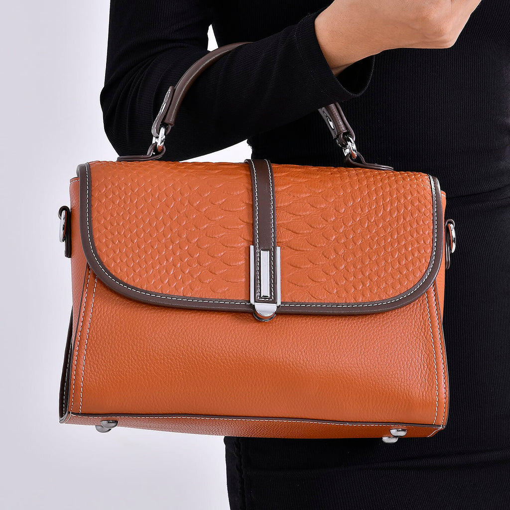 Leather Snakeskin Crossbody Bag (Size 26x12x22 cm) - Tan & Tan