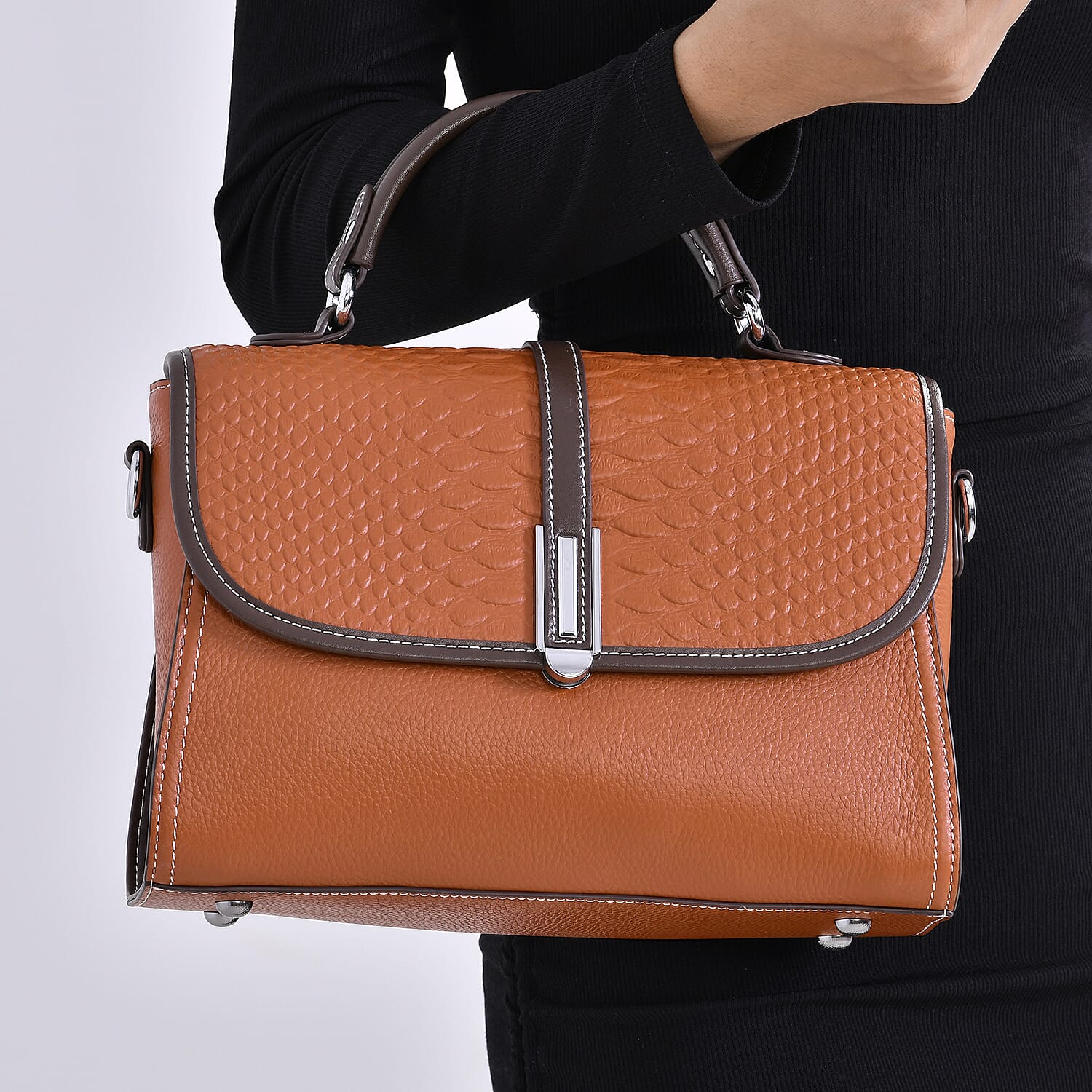 Leather Snakeskin Crossbody Bag (Size 26x12x22 cm) - Tan & Tan