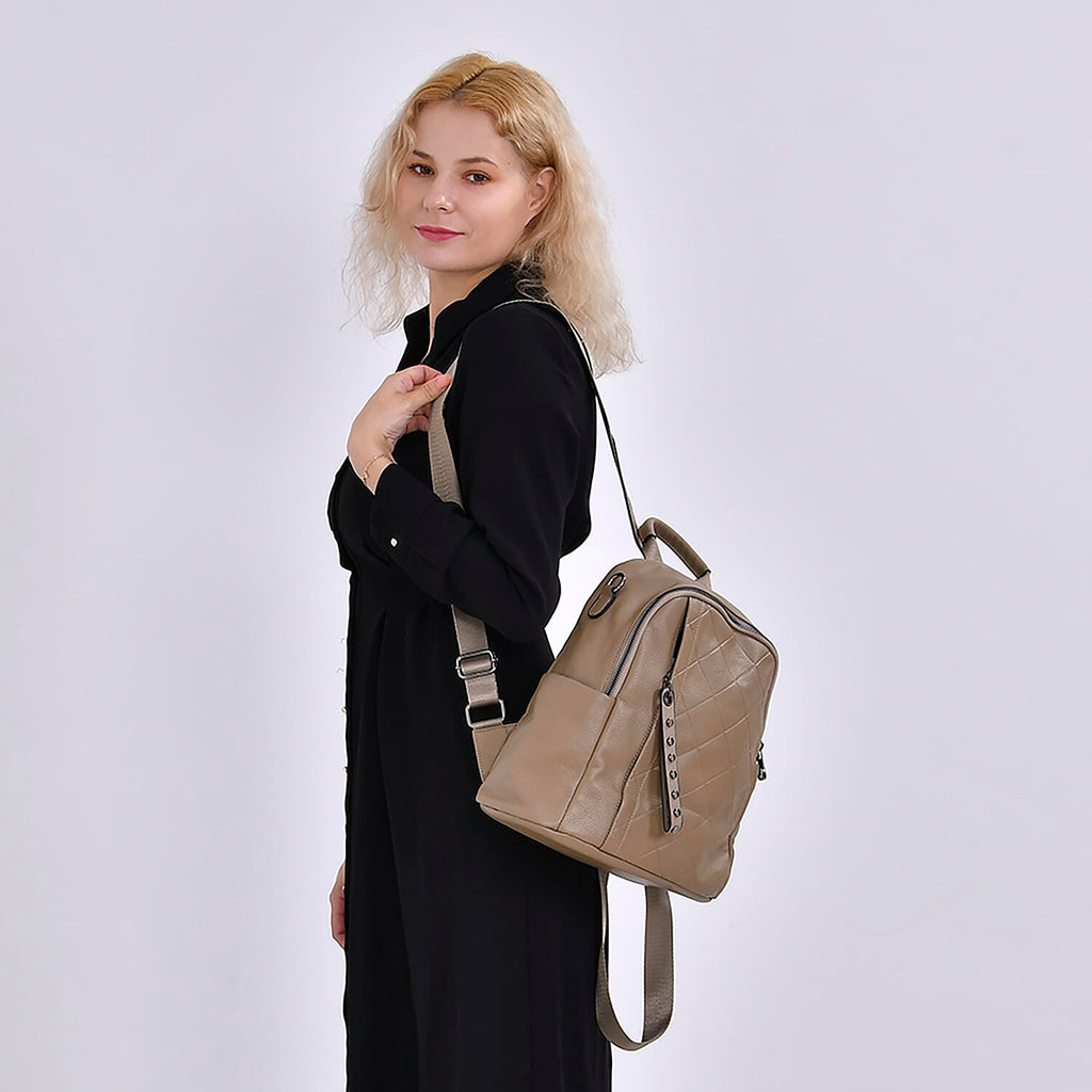Leather Solid Backpack (Size 29x16x31 cm) - Khaki & Black