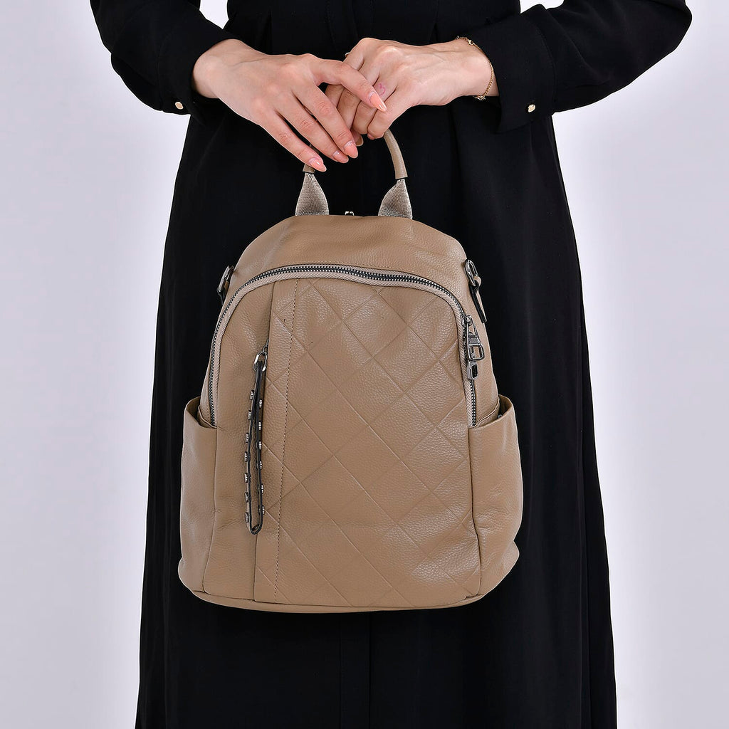 Leather Solid Backpack (Size 29x16x31 cm) - Khaki & Black