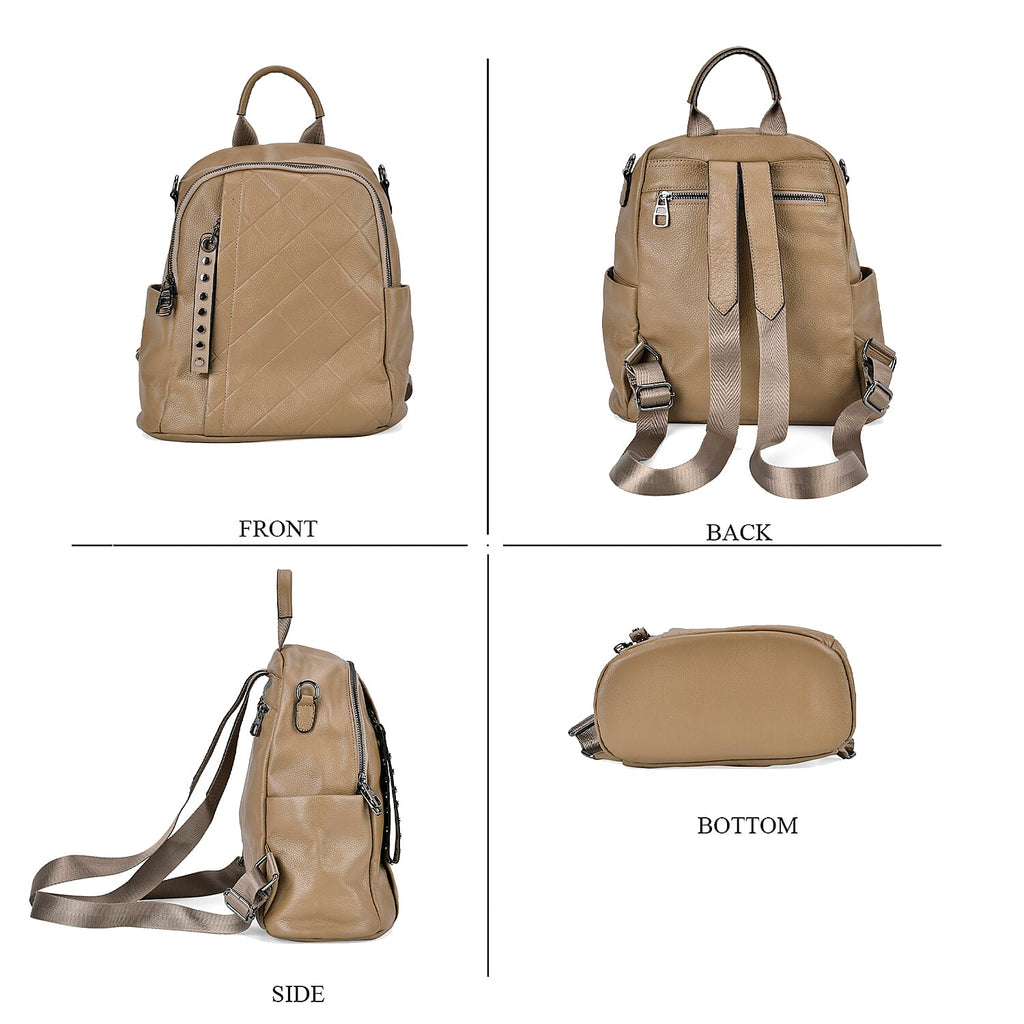Leather Solid Backpack (Size 29x16x31 cm) - Khaki & Black