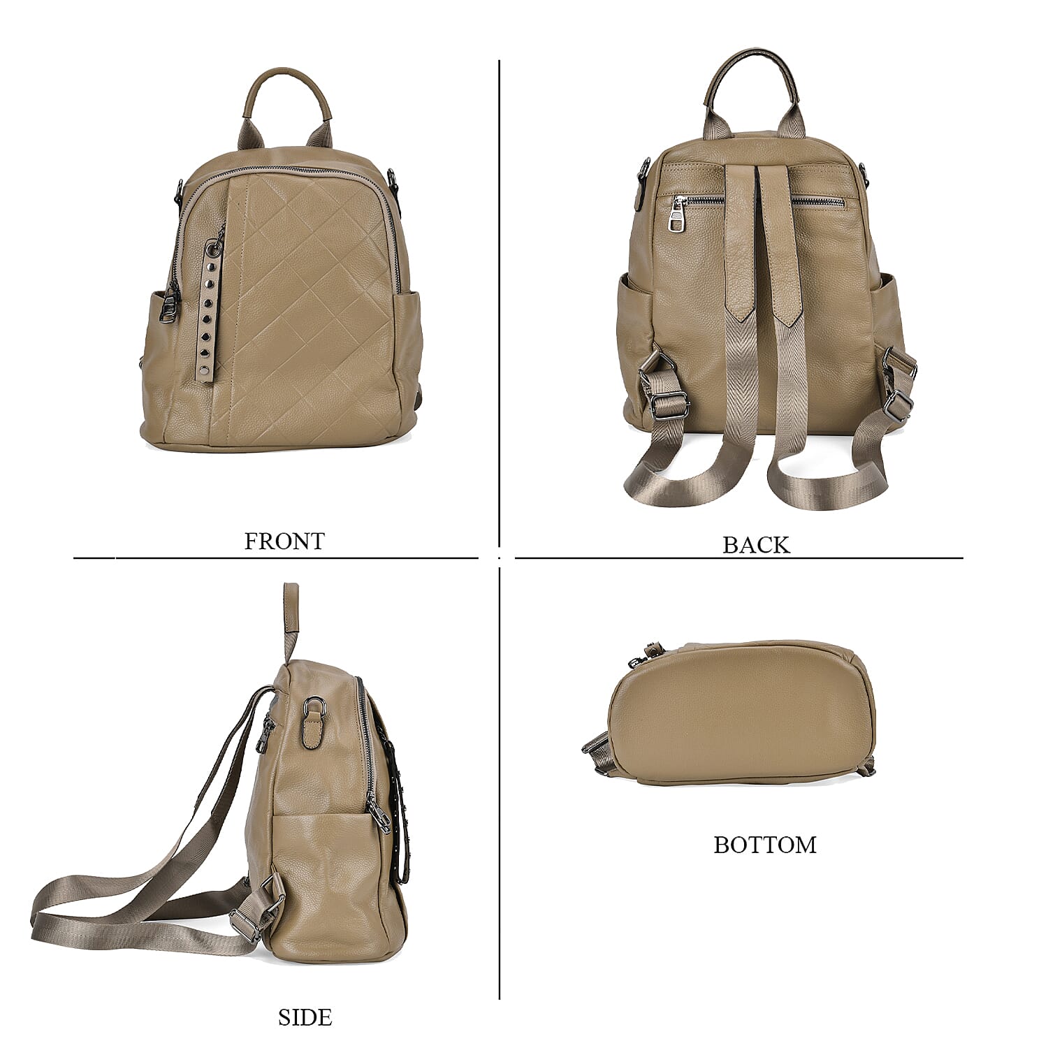 Leather Solid Backpack (Size 29x16x31 cm) - Khaki & Black
