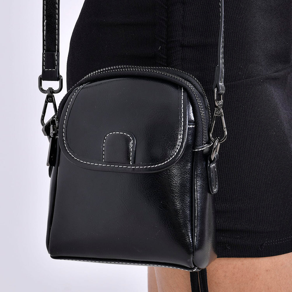 Genuine Leather Mini Messenger Crossbody Bag With Adjustable Strap - Black