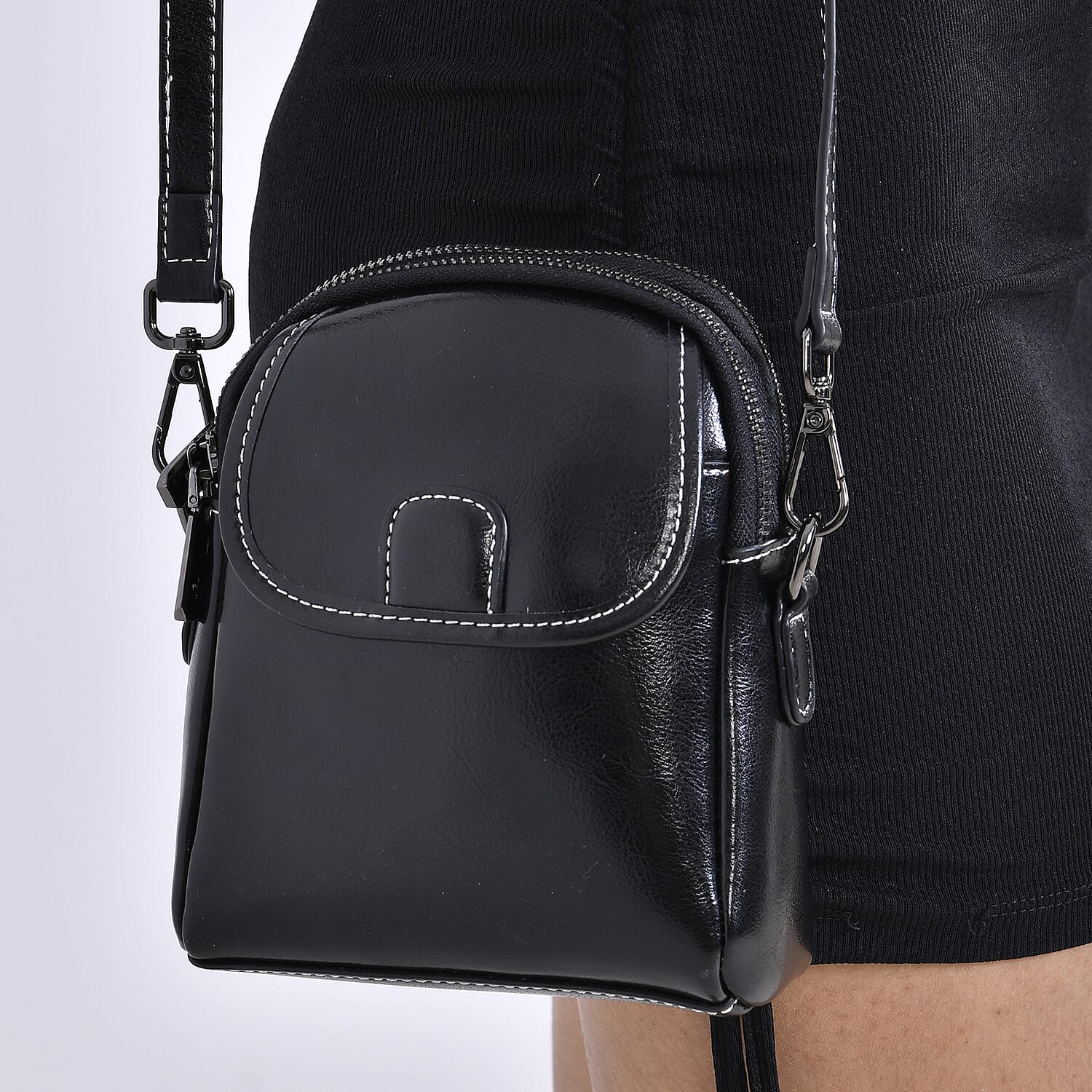 Genuine Leather Mini Messenger Crossbody Bag With Adjustable Strap - Black