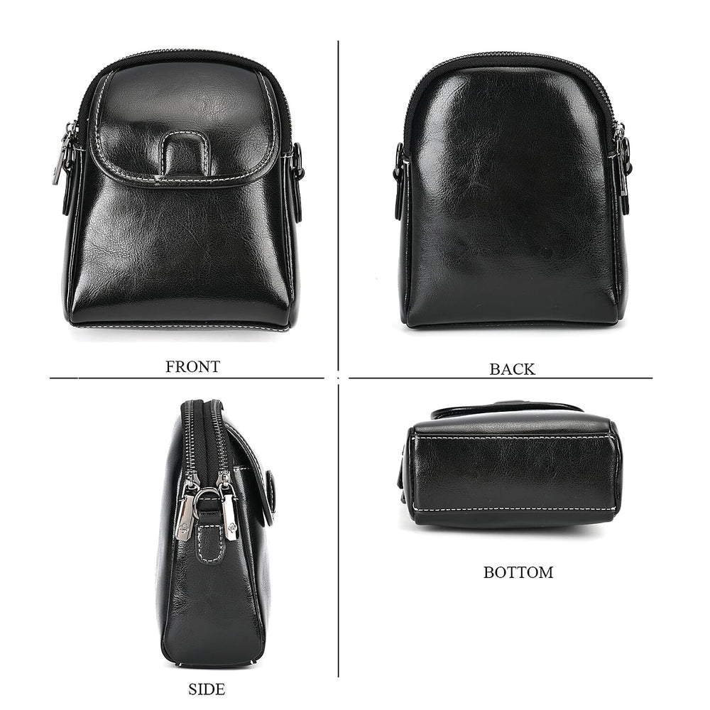 Genuine Leather Mini Messenger Crossbody Bag With Adjustable Strap - Black