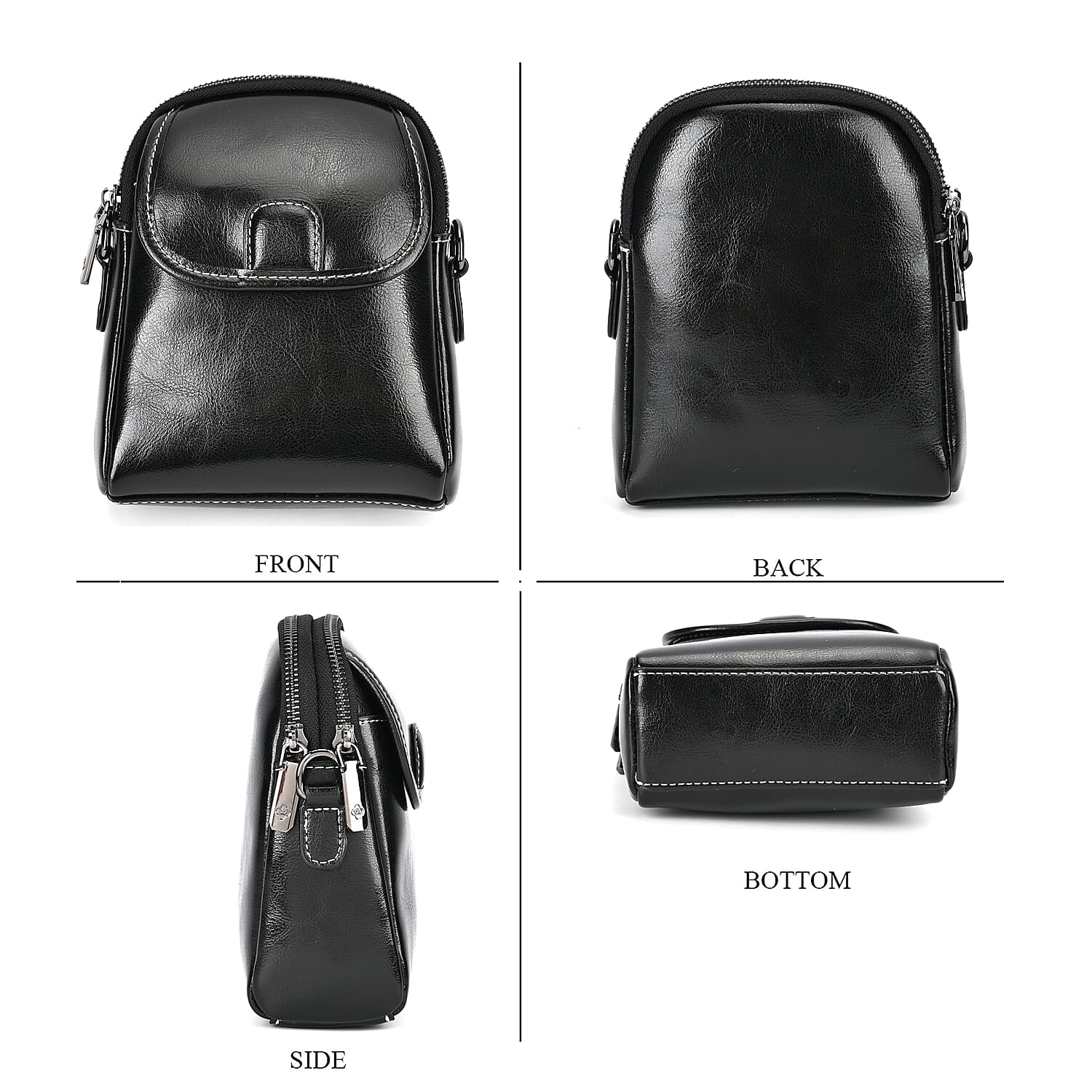 Genuine Leather Mini Messenger Crossbody Bag With Adjustable Strap - Black