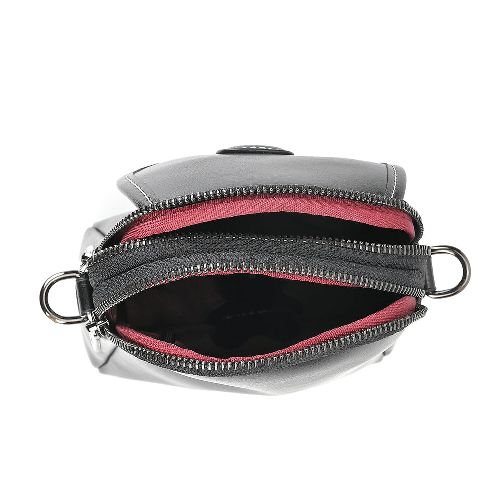 Genuine Leather Mini Messenger Crossbody Bag With Adjustable Strap - Black