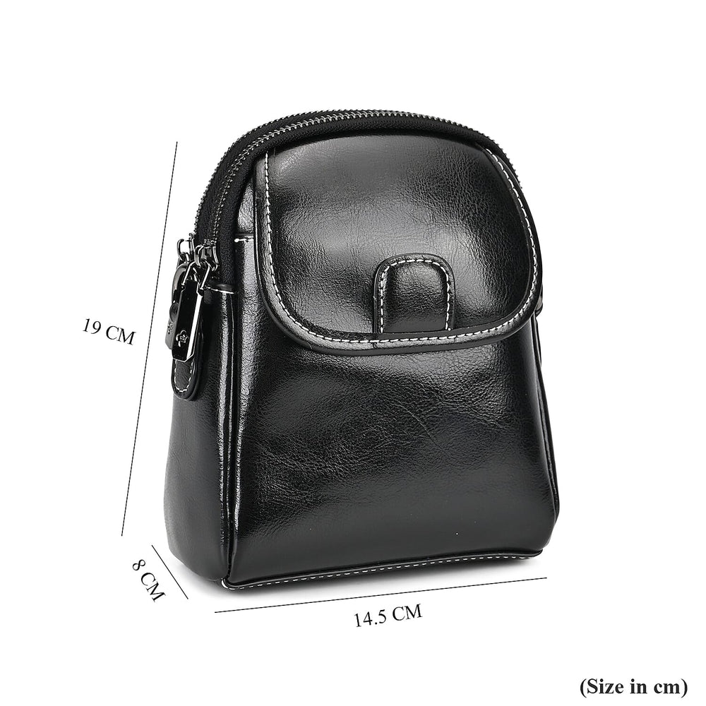 Genuine Leather Mini Messenger Crossbody Bag With Adjustable Strap - Black