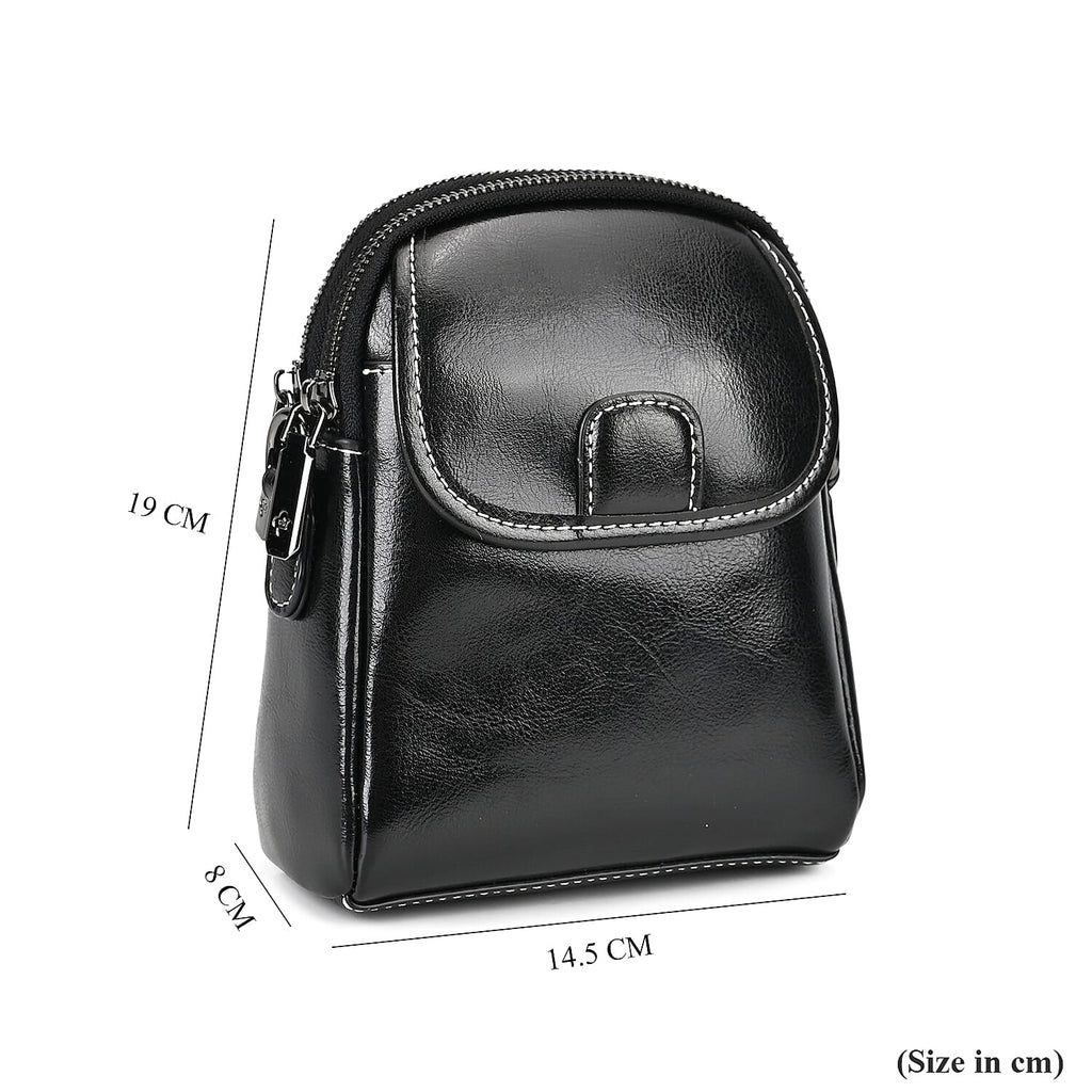 Genuine Leather Mini Messenger Crossbody Bag With Adjustable Strap - Black