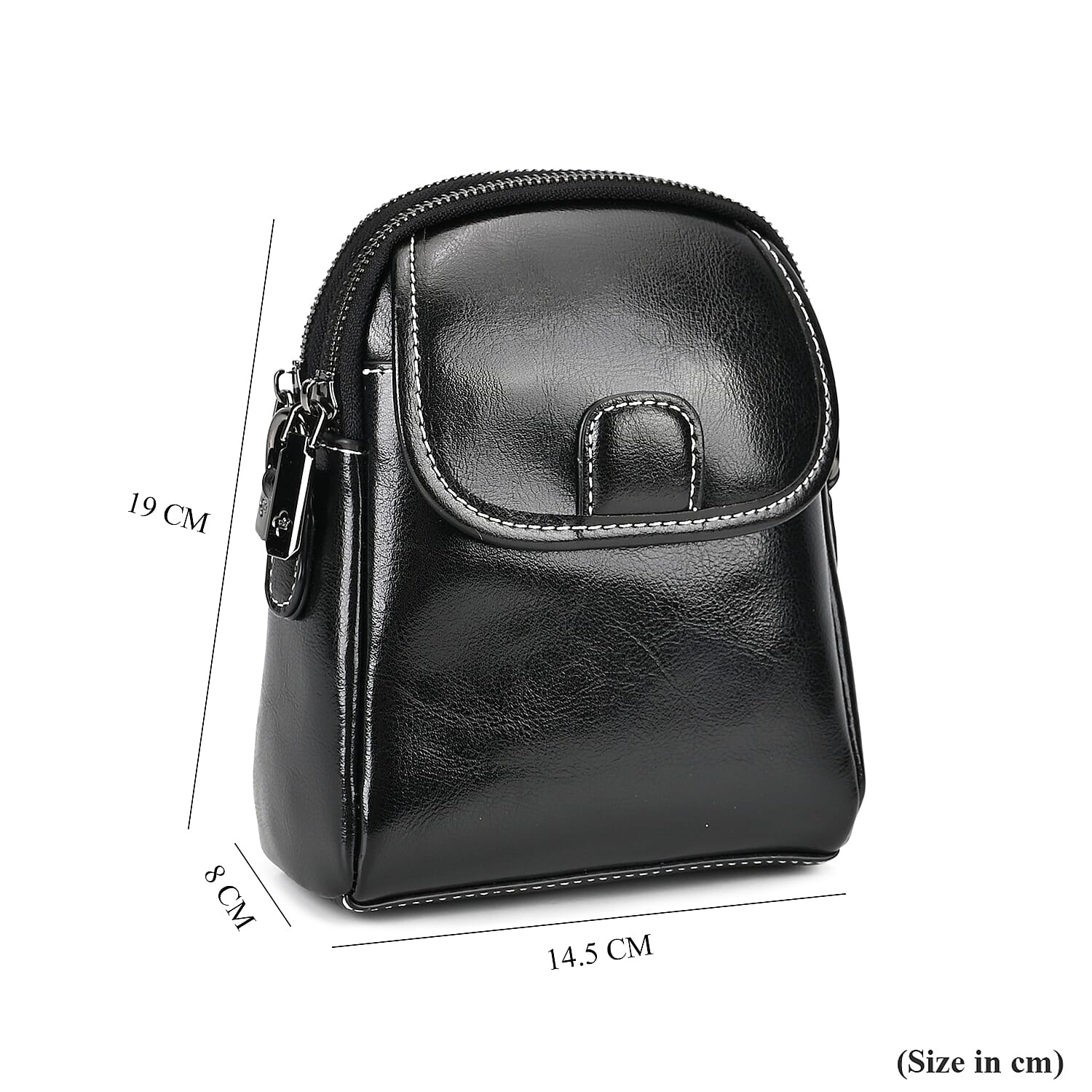 Genuine Leather Mini Messenger Crossbody Bag With Adjustable Strap - Black