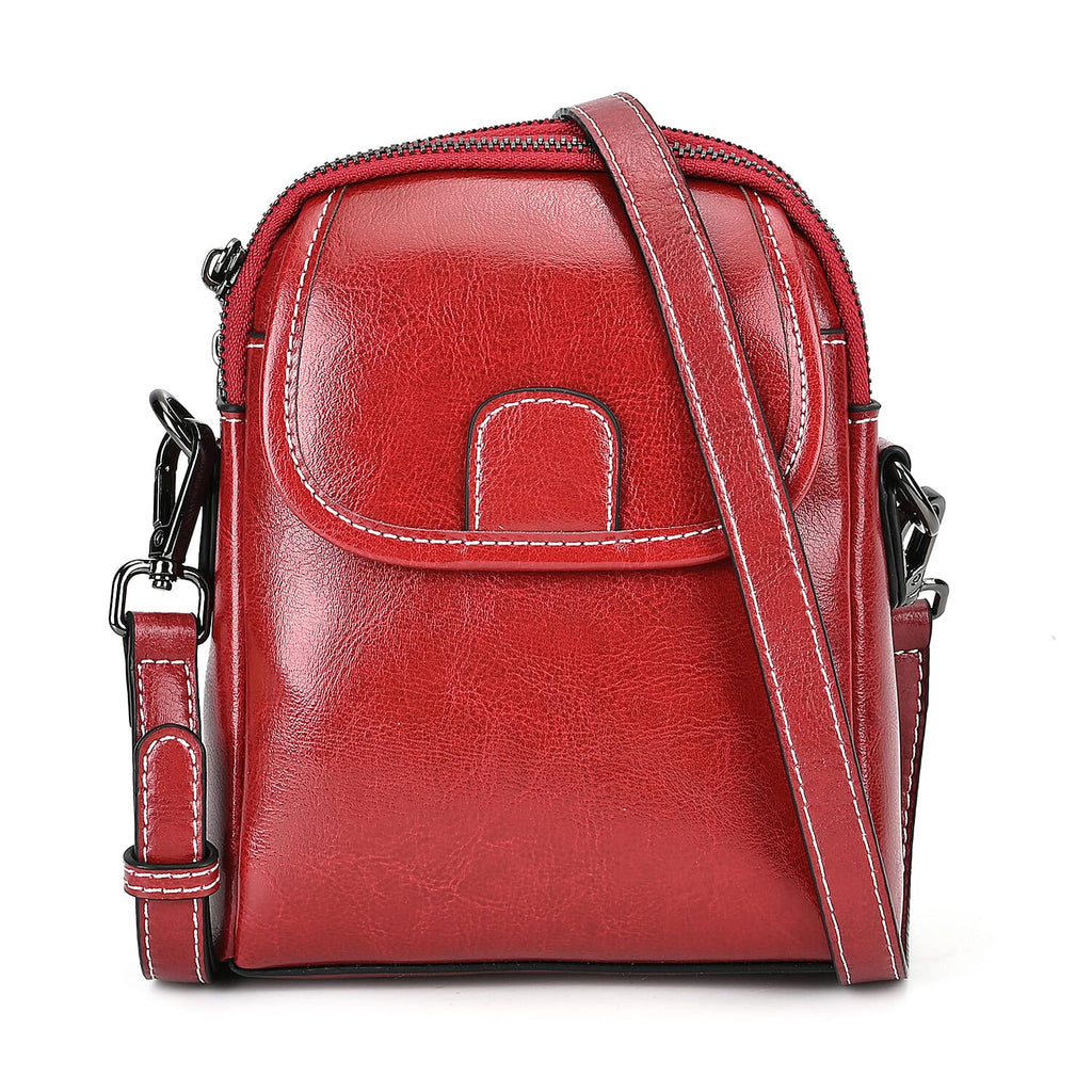 Genuine Leather Mini Messenger Crossbody Bag With Adjustable Strap - Burgundy