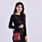Genuine Leather Mini Messenger Crossbody Bag With Adjustable Strap - Burgundy