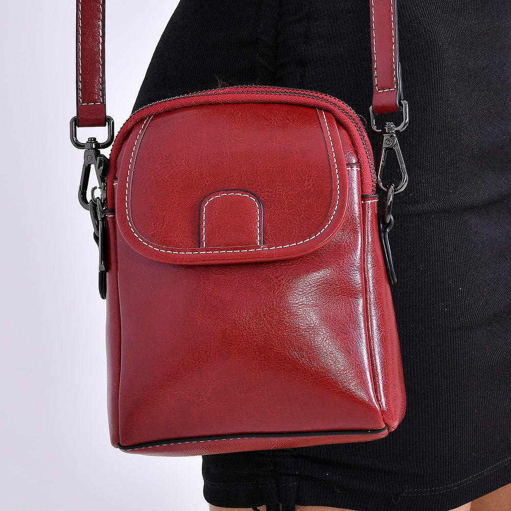 Genuine Leather Mini Messenger Crossbody Bag With Adjustable Strap - Burgundy